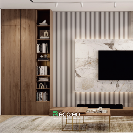 ТВ зона в гостиной с 3д панелями (готовое решение)